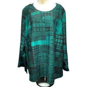 D&Co. Womens Plus Size 2XL Long Sleeve Green & Black Plaid Tunic Top